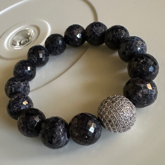 Raw Sapphire Stretch Bracelet w/ Silver Pave Ball Spacer - Picture 3 of 8